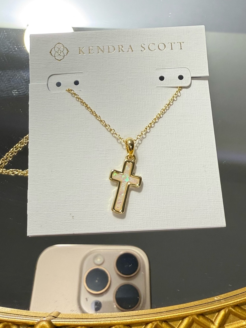 Kendra Scott Gold Cross Necklace with Iridescent Opal Inlay